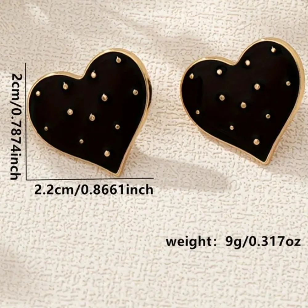 Black Heart With Gold Polkadots Stud Earrings 14k Gold Plated
